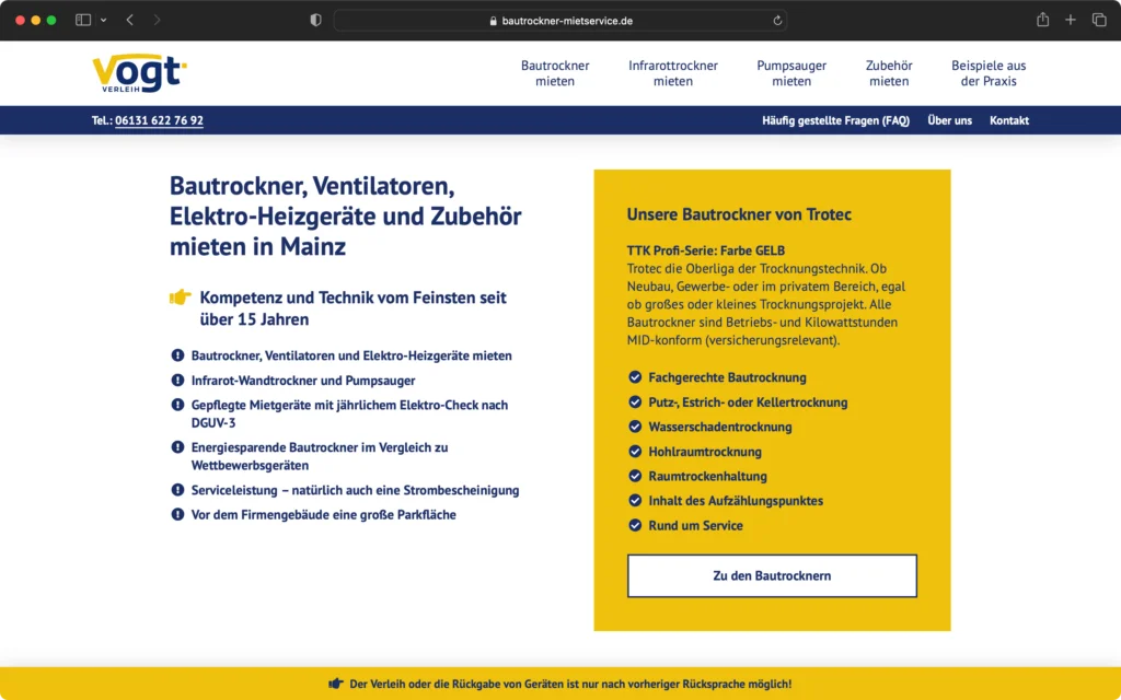 Screenshot einer Webseite zum Mieten von Bautrocknern, Ventilatoren und Elektro-Heizgeräten in Mainz mit Leistungsübersicht und Kontaktinformationen.