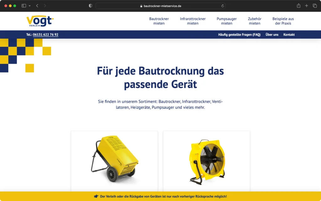 Website mit dem Logo Vogt Verleih und dem Text Für jede Bautrocknung das passende Gerät sowie Bildern von zwei gelben Bautrocknern.