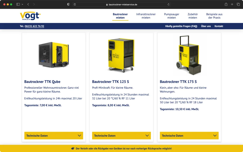 Übersicht von drei gelb-schwarzen Bautrocknern mit Modellnamen, Beschreibung, Entfeuchtungsleistung und Tagesmiete auf einer Verleih-Webseite.