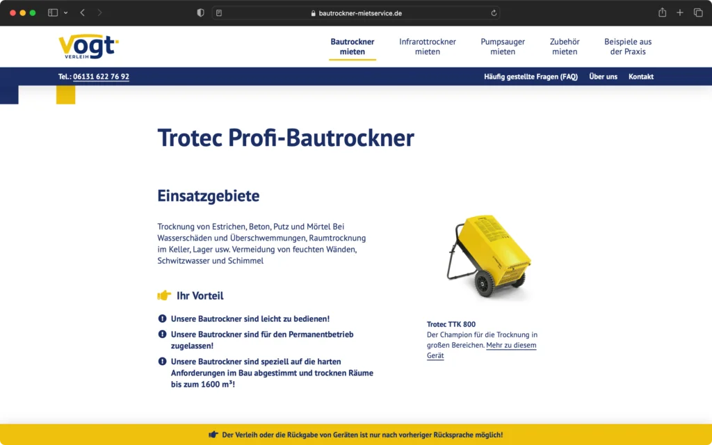 Screenshot einer Webseite von vogt-verleih mit Informationen zum Trotec Profi-Bautrockner, inklusive Einsatzgebiete, Vorteilen und einem Bild des Geräts.