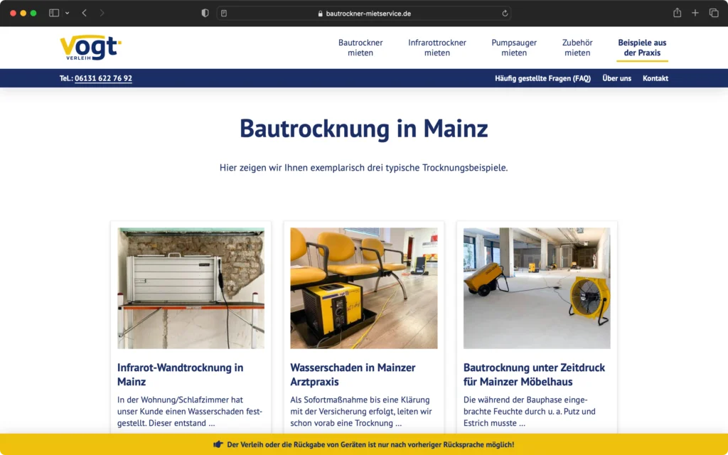 Screenshot einer Webseite von vogt-verleih mit dem Titel Bautrocknung in Mainz und drei Praxisbeispielen zur Bautrocknung mit Bildern von Trocknungsgeräten.