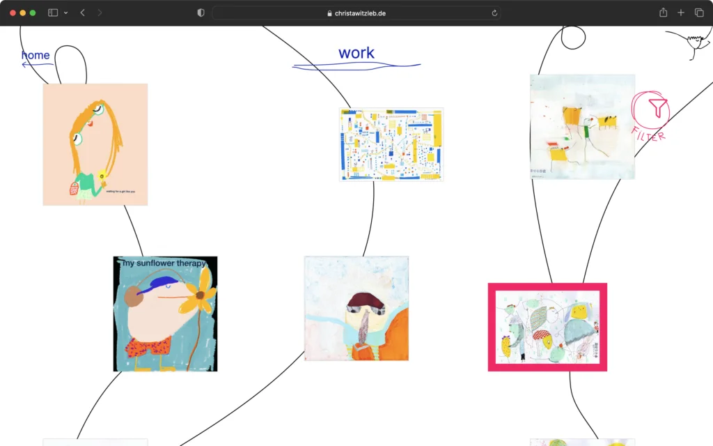 Screenshot einer Webseite mit dem Titel „work“ und mehreren bunten, abstrakten Illustrationen, die durch Linien verbunden sind.