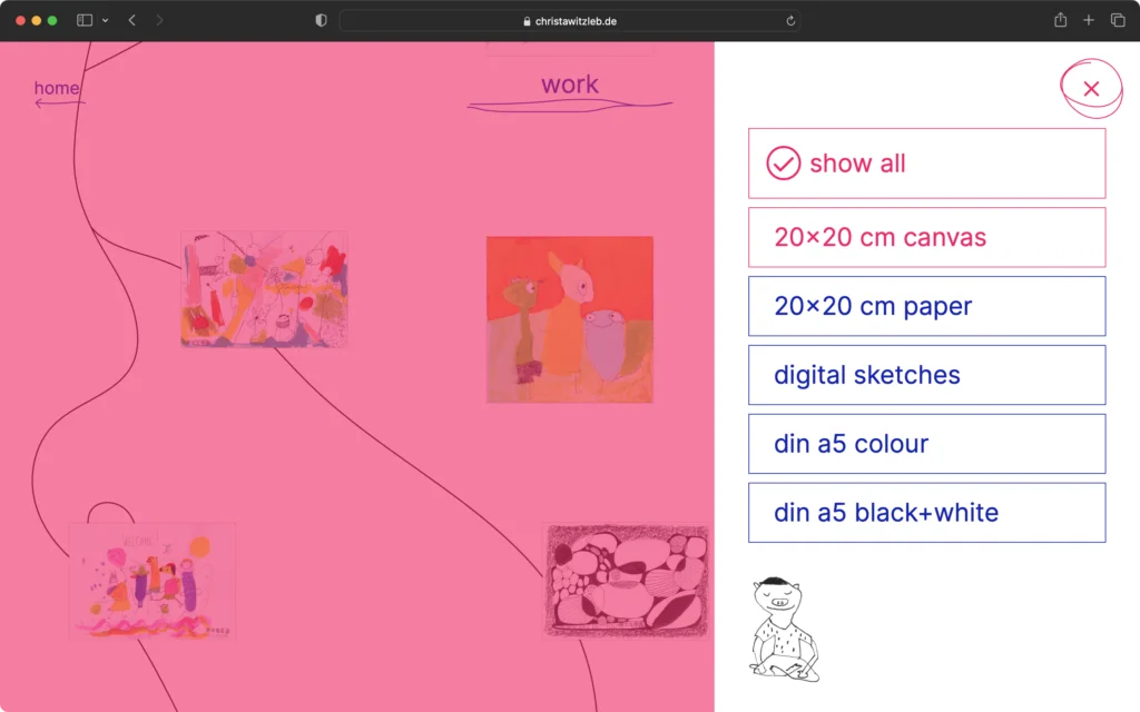 Screenshot einer Webseite mit einer Filter-Option rechts, die Kategorien wie show all, 20×20 cm canvas, 20×20 cm paper, digital sketches, din a5 colour und din a5 black+white anzeigt.