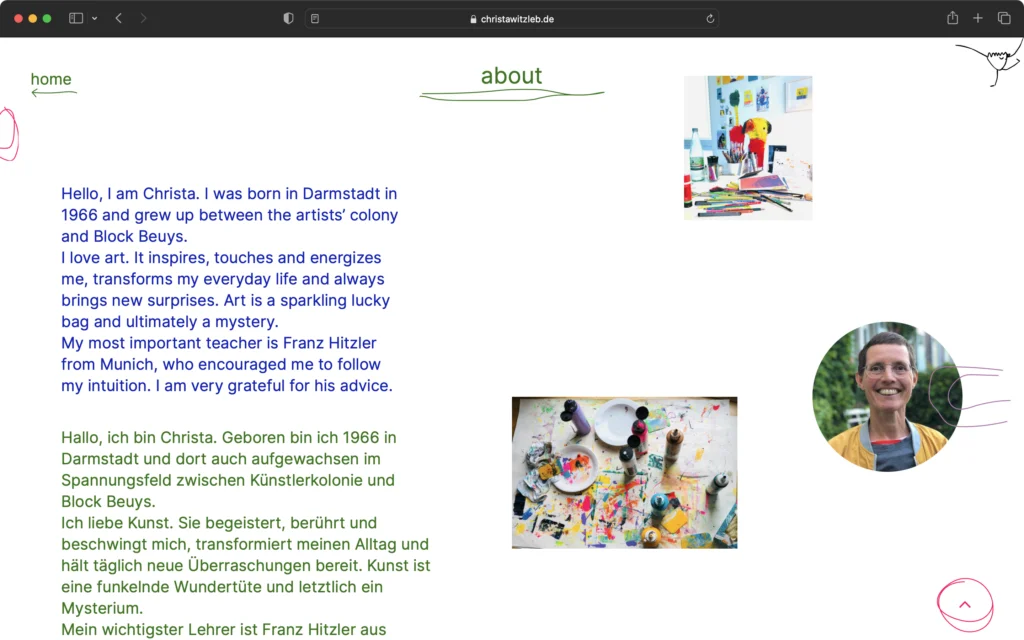 Screenshot einer Webseite mit dem Titel „about“, die eine Vorstellung von Christa in englischer und deutscher Sprache enthält, dazu Fotos von Malutensilien und einem Porträt einer Frau mit kurzen Haaren und Brille.