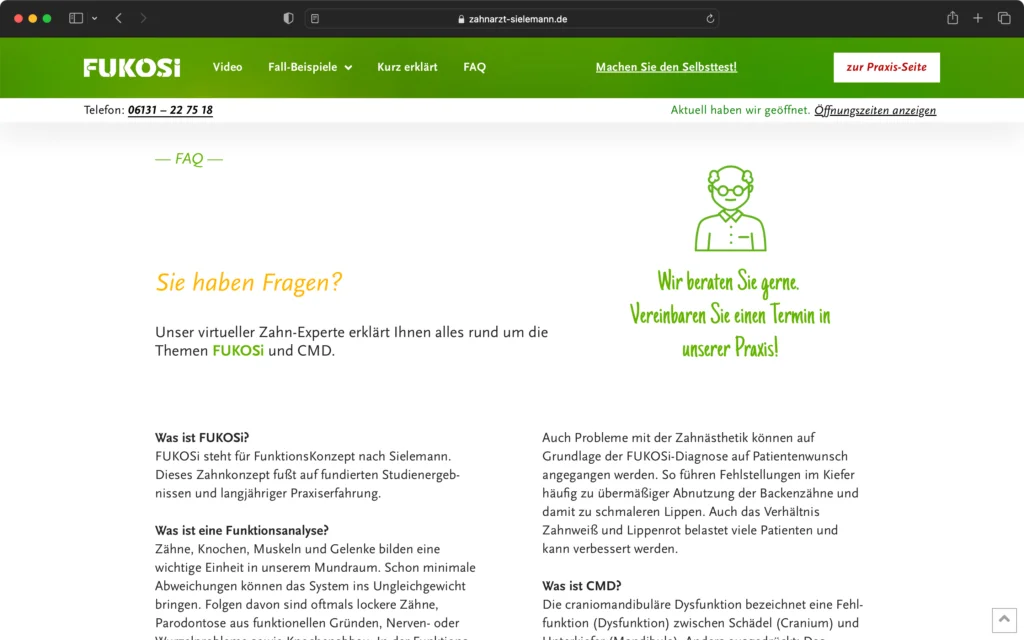 ALT-Text: Screenshot einer FAQ-Webseite zum Thema FUKOSi und CMD mit Texten zu Funktionskonzept, Funktionsanalyse und craniomandibulärer Dysfunktion.