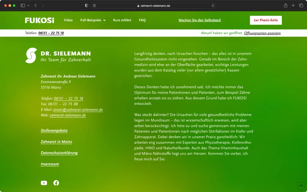 Footer mit Kontaktinformationen von Zahnarzt Dr. Andreas Sielemann in Mainz, Text zur Praxisphilosophie und Links zu Stellenangeboten, Datenschutz und Impressum.