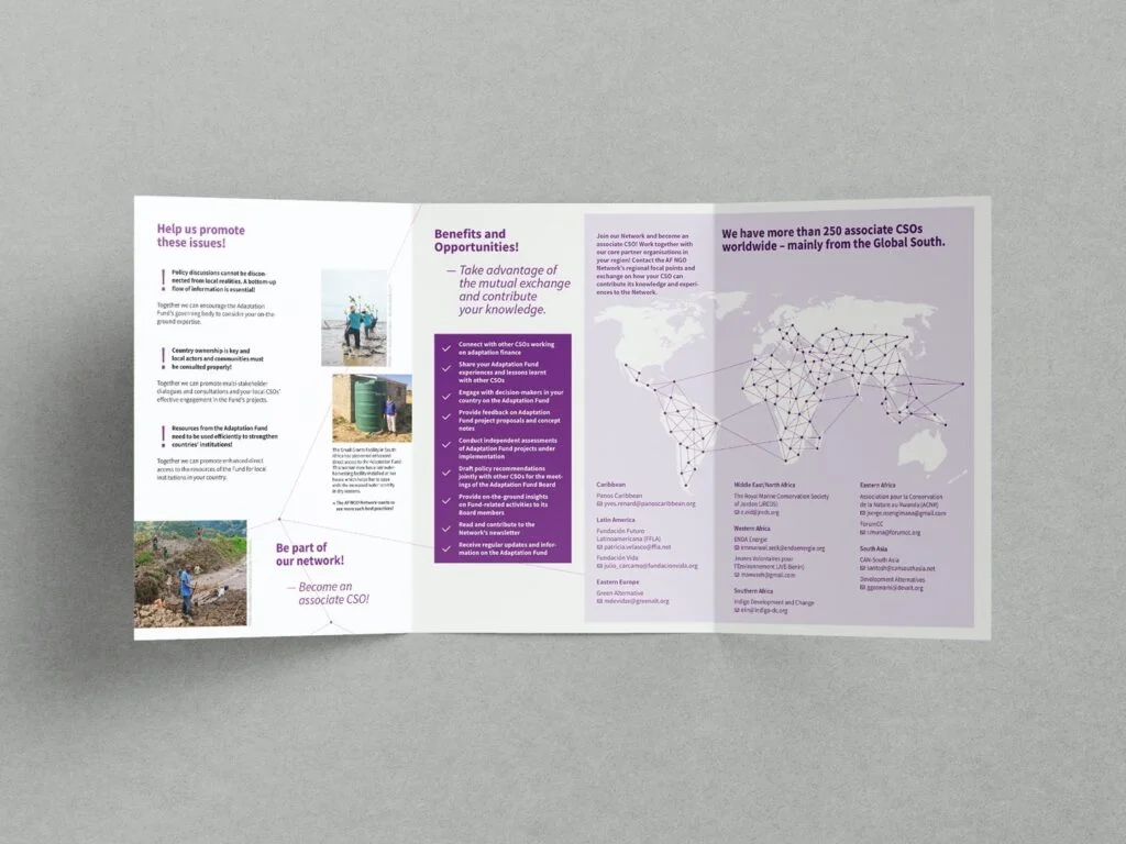 Innenseiten eines Flyers mit Texten zu Vorteilen einer Netzwerkmitgliedschaft, Fotos von Menschen und einer Weltkarte mit vernetzten Punkten.