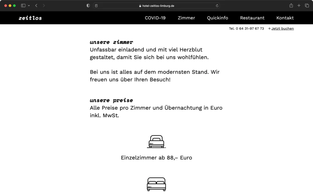 Screenshot einer Hotel-Website mit Informationen zu Zimmern und Preisen, inklusive Symbolen für Einzel- und Doppelzimmer.