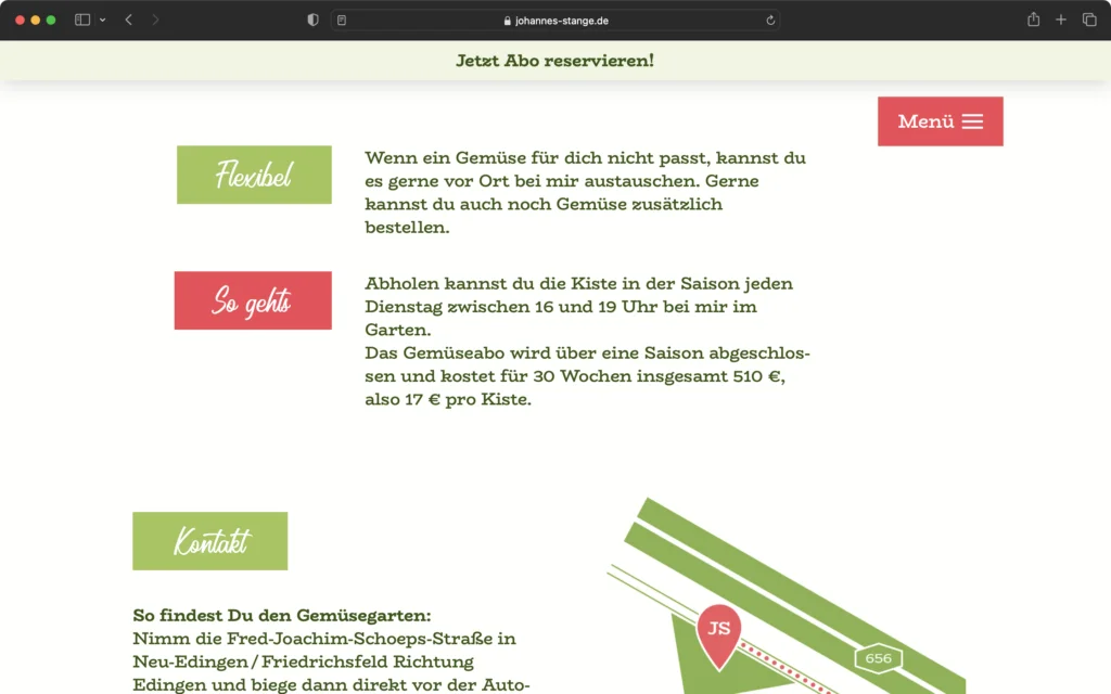 Screenshot einer Webseite mit Informationen zu einem Gemüseabo, darunter Abschnitte zu Flexibilität, Abholung und Kontakt sowie eine kleine grüne Karte mit einem roten Standortmarker.