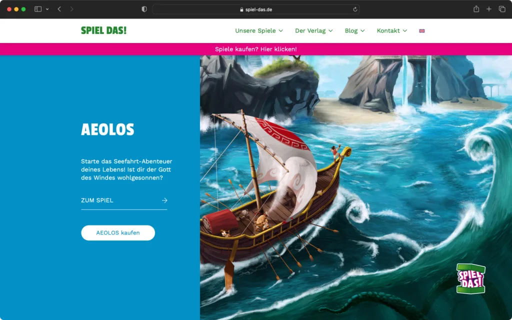 Screenshot einer Webseite mit einem Segelboot auf stürmischer See vor felsiger Küste und einem Krakenarm im Wasser, daneben Text zu einem Spiel namens Aeolos.