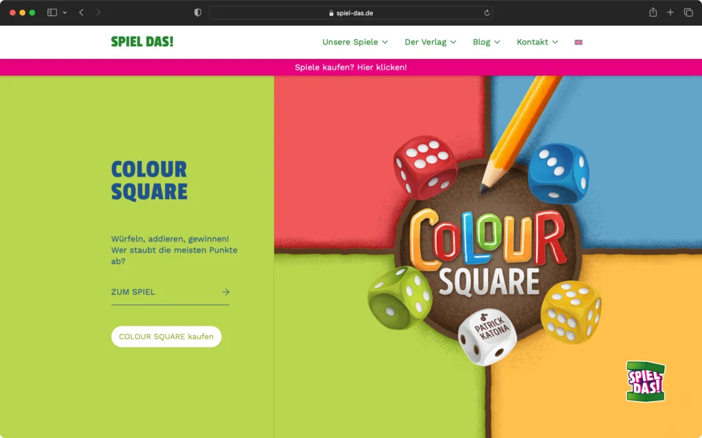 Screenshot einer Webseite mit dem Titel Colour Square, die ein Spiel mit bunten Würfeln und einem Bleistift zeigt, daneben Text und Buttons zum Spiel und Kauf.