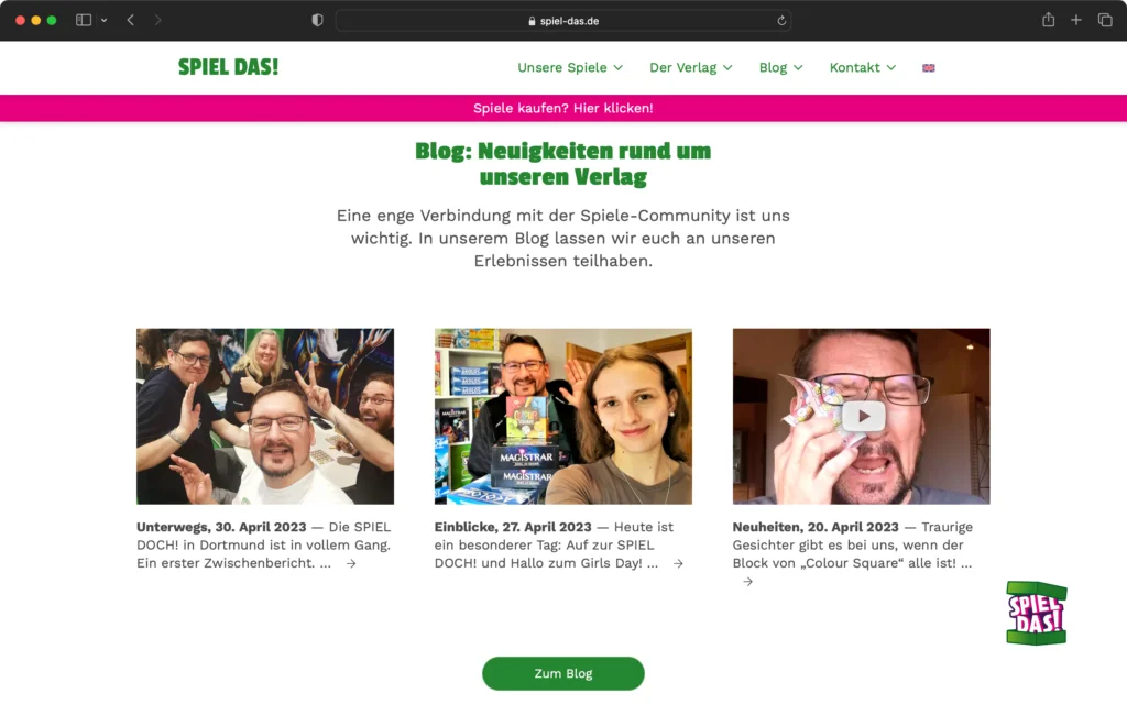 Screenshot einer Webseite mit dem Titel Blog: Neuigkeiten rund um unseren Verlag und drei Blogbeiträgen mit Fotos und kurzen Texten darunter.
