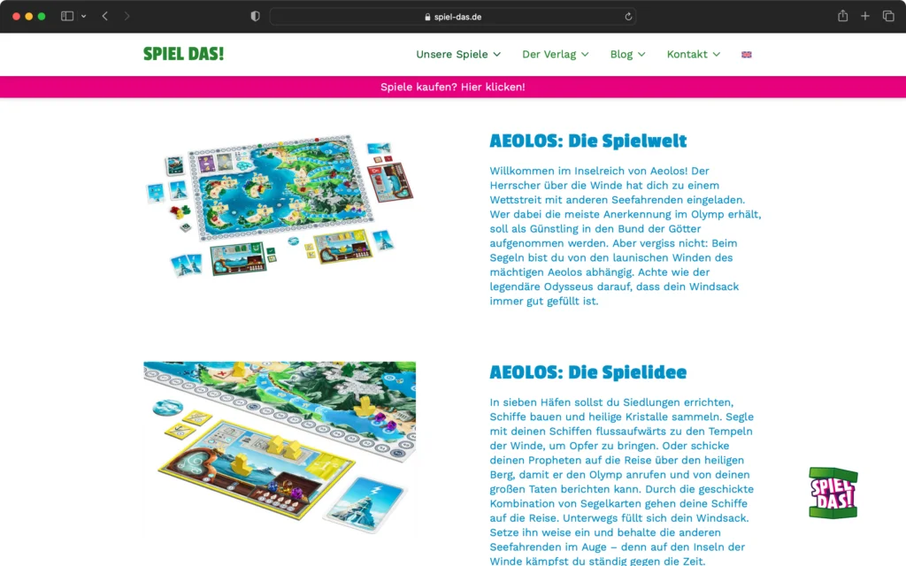 Spielbrett und Spielmaterial des Brettspiels Aeolos sind auf einer Webseite mit Erklärungen zur Spielwelt und Spielidee abgebildet.