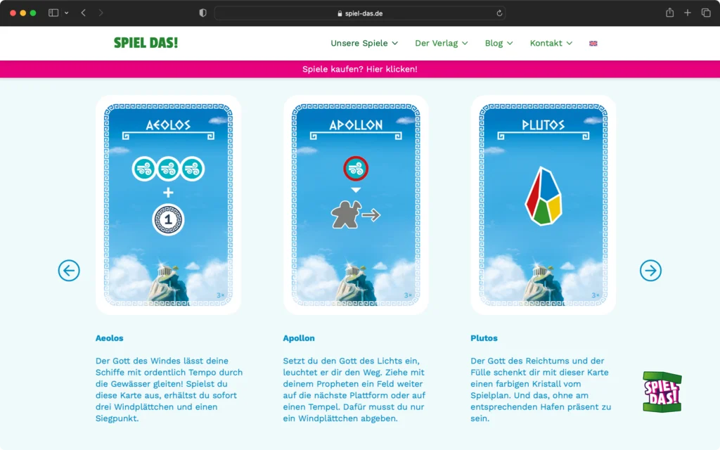 Screenshot einer Webseite mit drei Spielkarten namens Aeolos, Apollon und Plutos, jeweils mit Symbolen und Beschreibungen zu ihren Spieleffekten.