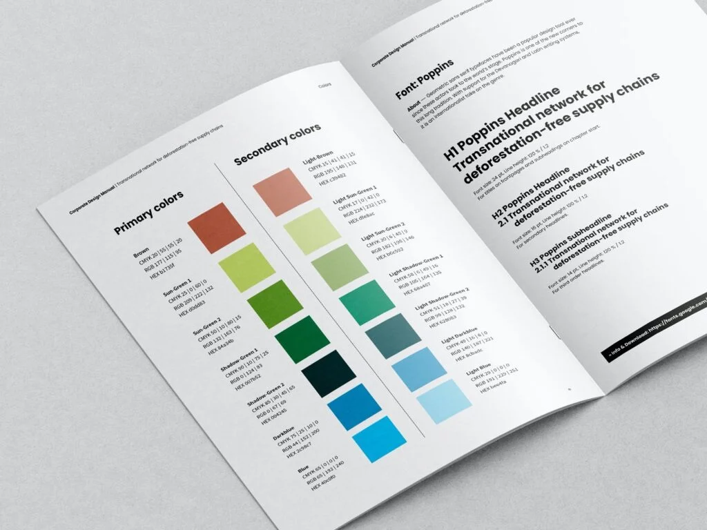 Offenes Corporate Design Manual mit Farbpaletten und Schriftarten für ein Netzwerk zu entwaldungsfreien Lieferketten.