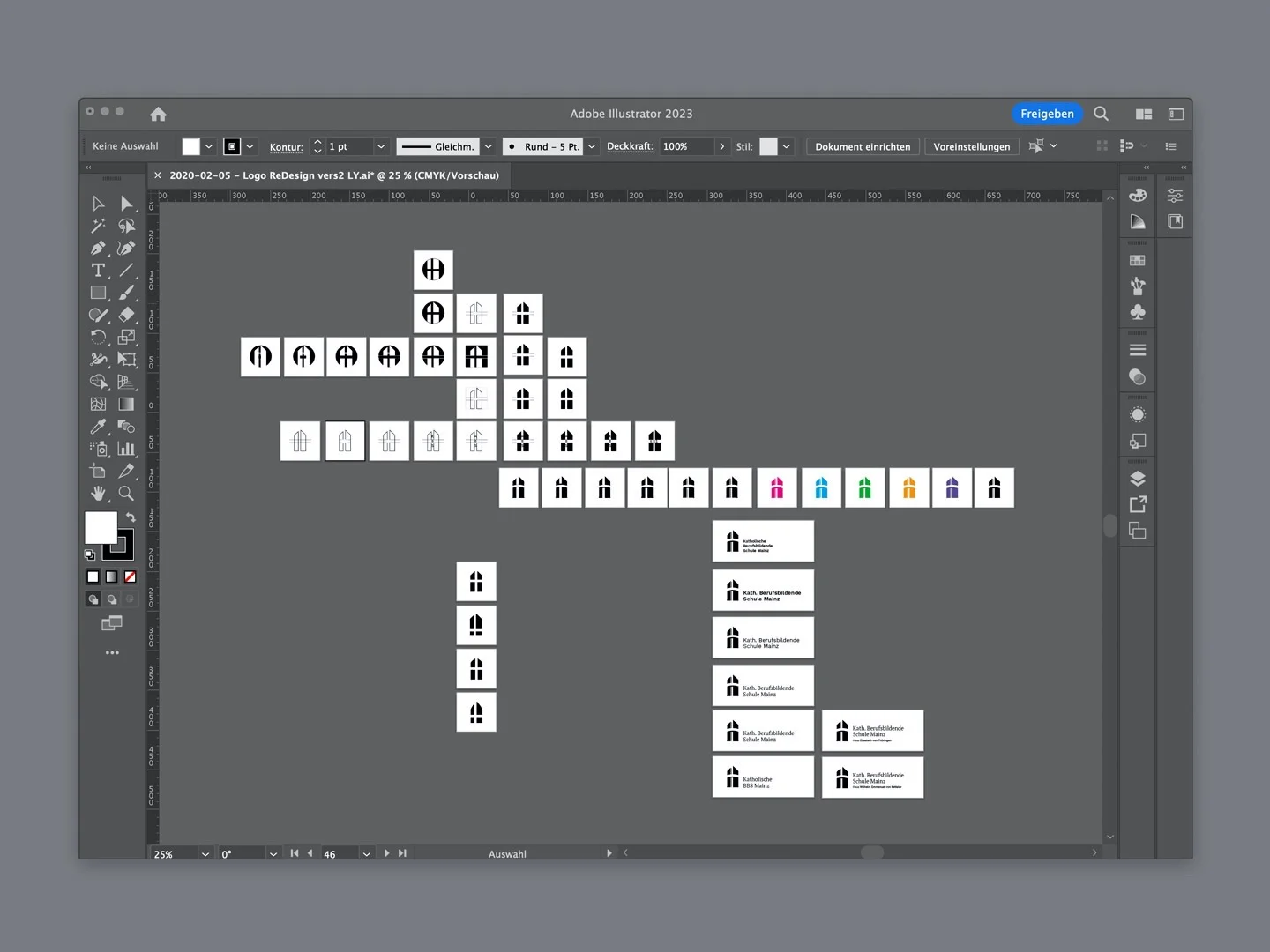 Screenshot der Adobe Illustrator 2023 Benutzeroberfläche mit verschiedenen Logo-Design-Entwürfen für die Katholische Berufsbildende Schule Mainz.