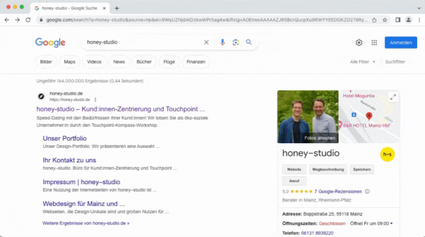 Screenshot einer Google-Suchergebnisseite für honey-studio mit Website-Links und einem Unternehmensprofil auf der rechten Seite.