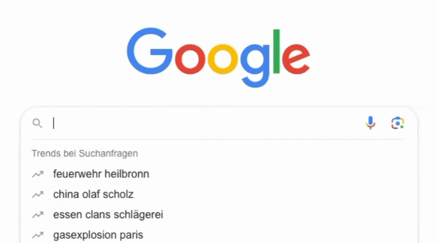 Screenshot der Google-Suchseite mit aktuellen Trends bei Suchanfragen wie feuerwehr heilbronn, china olaf scholz, essen clans schlägerei und gasexplosion paris.