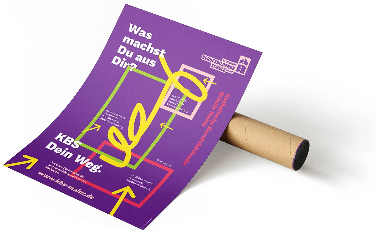 Flyer mit lila Hintergrund und gelber Schrift mit dem Text Was machst Du aus Dir und Informationen zur Katholischen Berufsbildenden Schule Mainz.