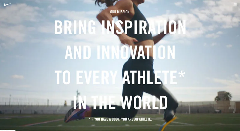 Eine Person mit Sportbekleidung läuft auf einem Sportplatz, darüber steht der Text Our mission: Bring inspiration and innovation to every athlete in the world.
