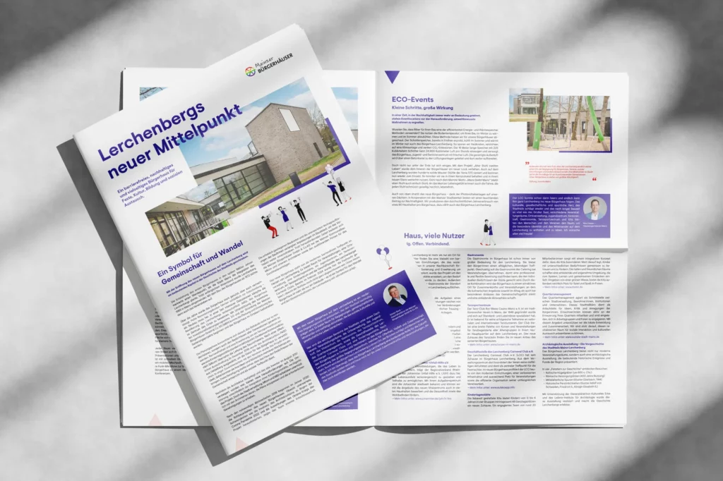 Zwei aufgeschlagene und übereinanderliegende Broschüren mit Text und Bildern zum Thema Lerchenbergs Bürgerhaus in Mainz.