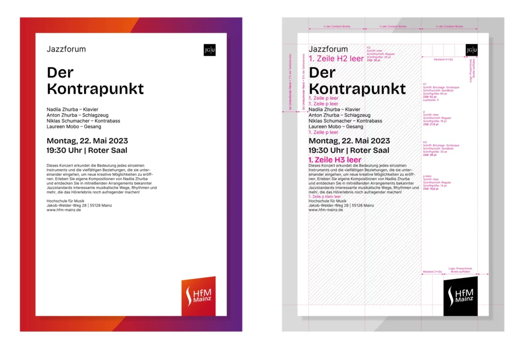 Links ein Veranstaltungsplakat für ein Jazzkonzert mit Text und farbigem Rahmen, rechts eine Layout-Analyse mit Markierungen und Schriftangaben.