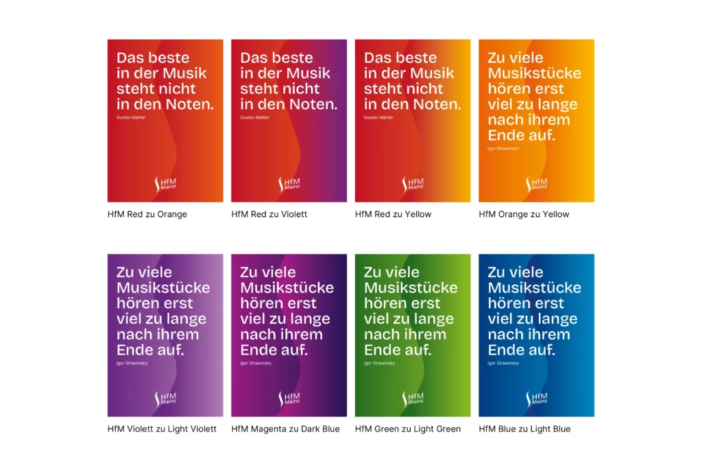Acht Flyer mit Farbverläufen und Musikzitaten, jeweils mit weißer Schrift und dem Logo der HfM Mainz.