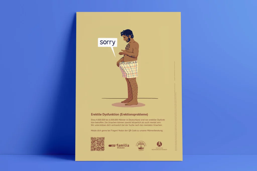 Plakat mit Illustration eines Mannes in Boxershorts, der in die Hose schaut und „sorry“ sagt, mit Text zu erektiler Dysfunktion und QR-Code.
