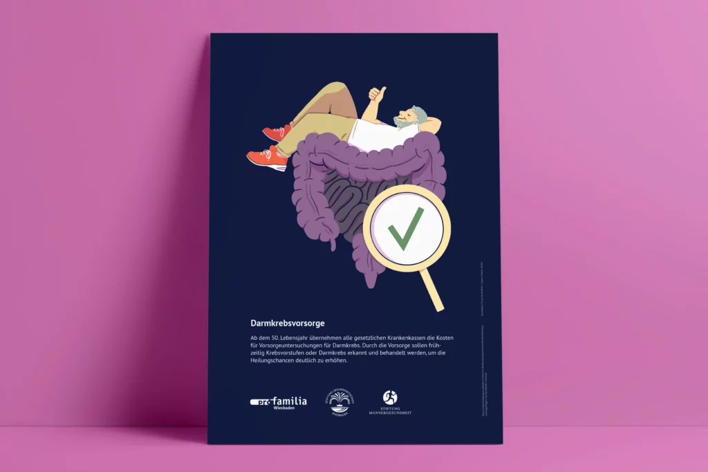 Plakat mit Illustration eines Mannes, der auf einem großen Darm liegt und Daumen hoch zeigt, mit Text zur Darmkrebsvorsorge ab 50 Jahren.