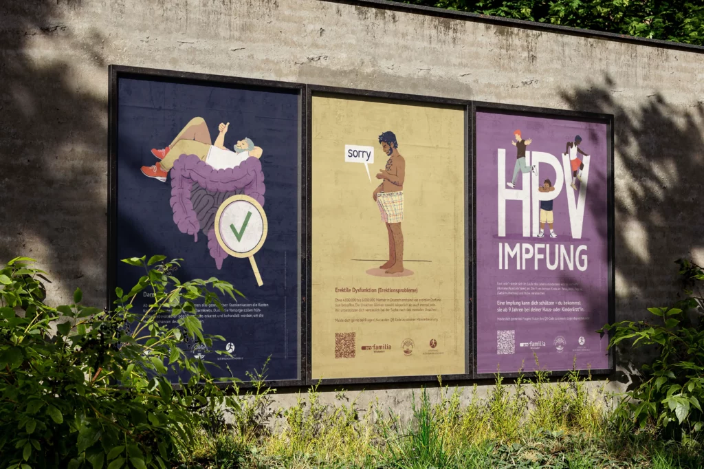 Drei Plakate an einer Betonwand zeigen Illustrationen zu Darmgesundheit, erektiler Dysfunktion und HPV-Impfung mit erklärendem Text.